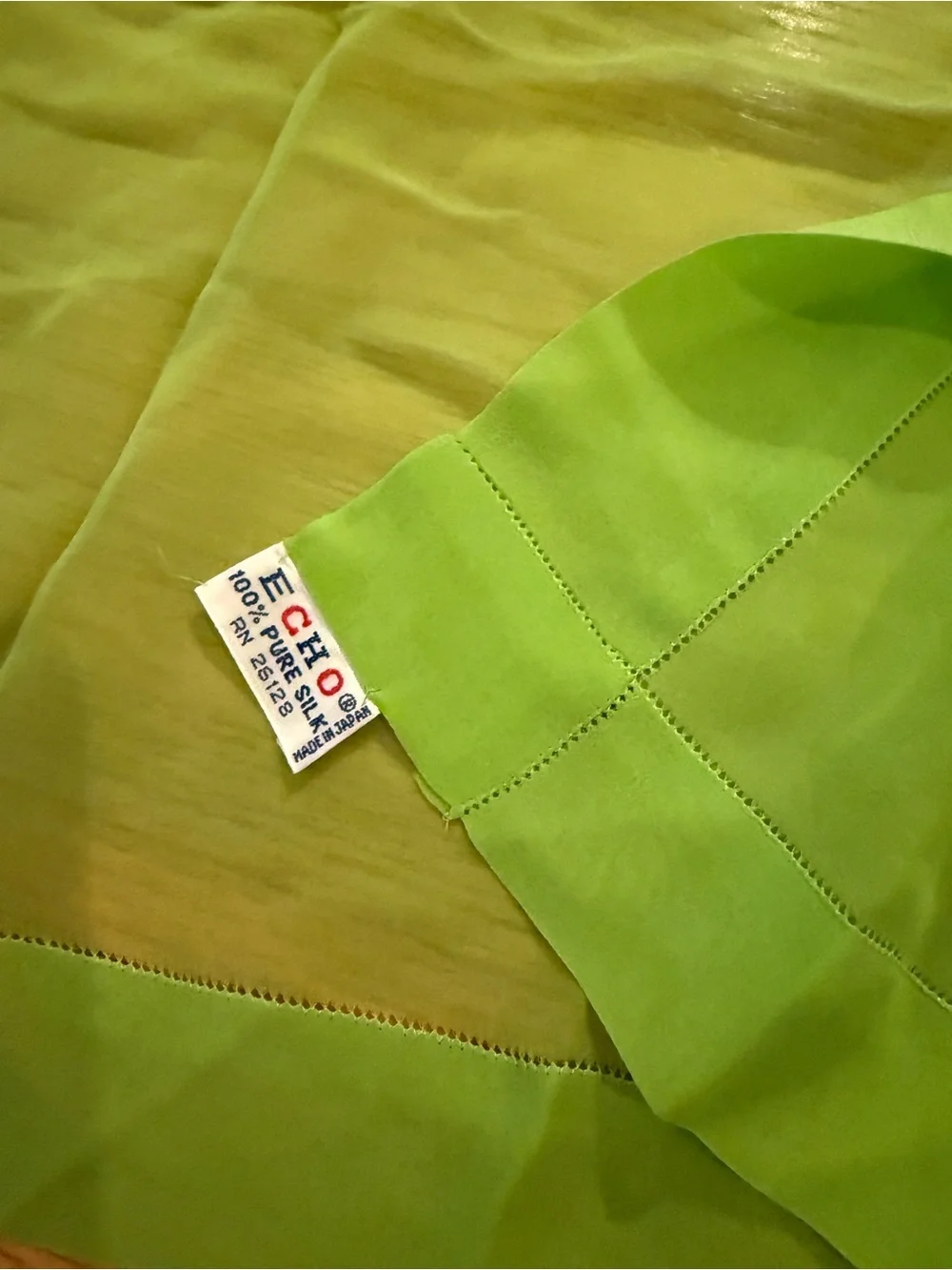 Vintage ECHO 100% Silk  Green Scarf -Sheer Made in Japan 41”X 16”